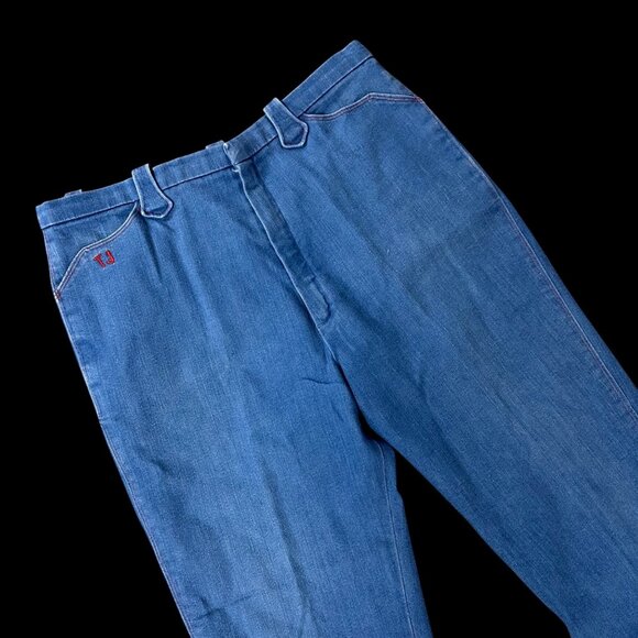 Vintage Handmade Blue Jeans Unisex 1970s Embroidered Sun Pockets TJ Denim Retro - Picture 1 of 6